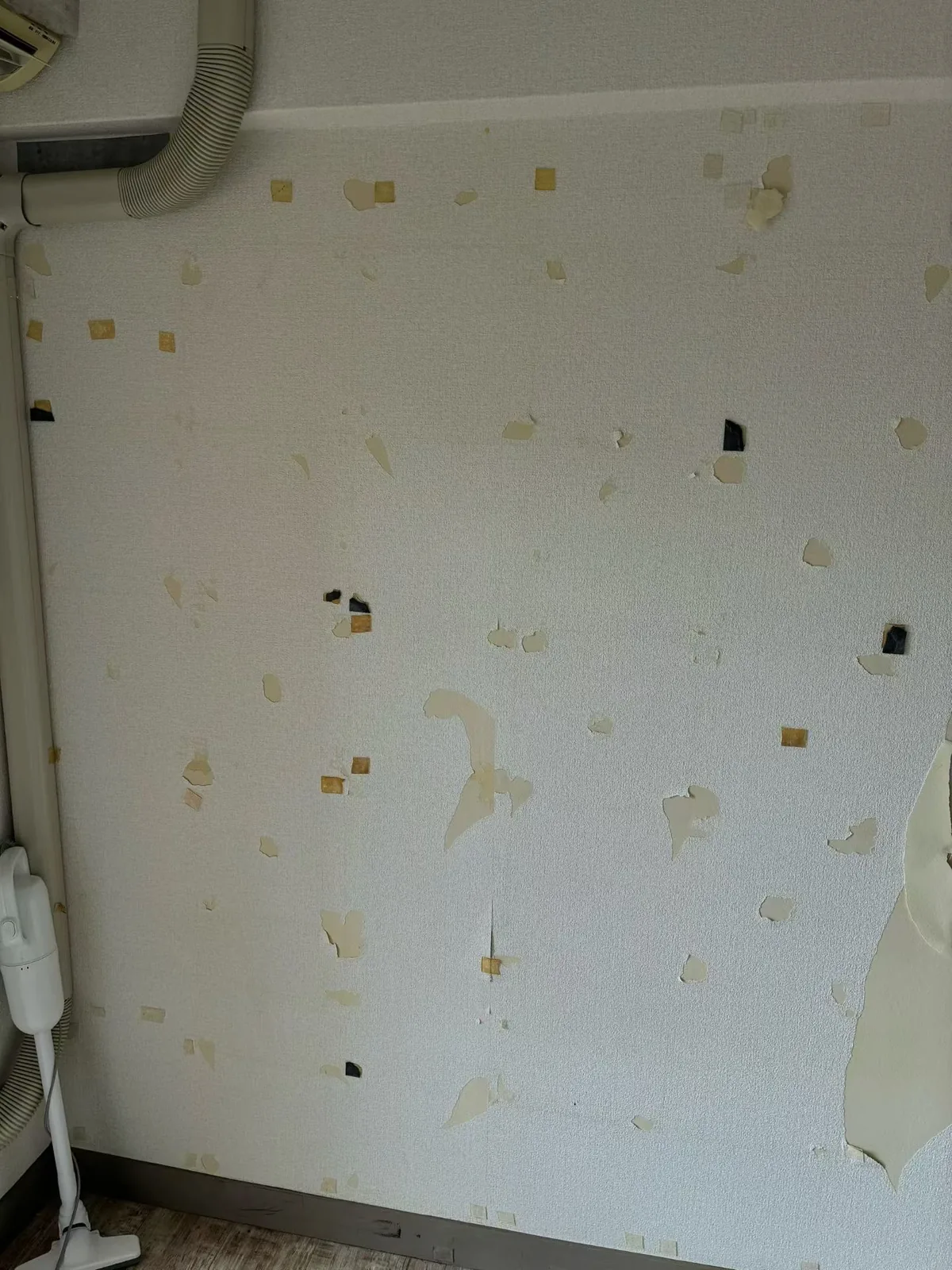 防音材を剥がしたあと、大小の剥がれや四角い跡が壁面全体に点在する状態