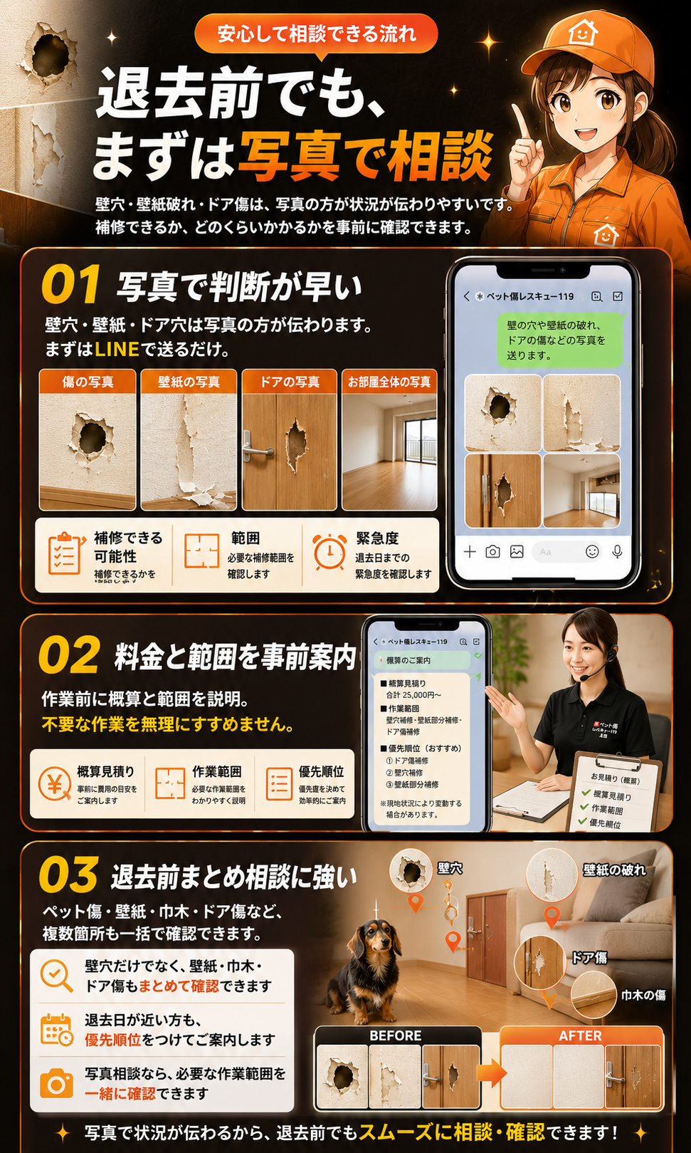退去前でも、まずは写真で相談。写真で判断が早い、料金と範囲を事前案内、退去前まとめ相談に強い。