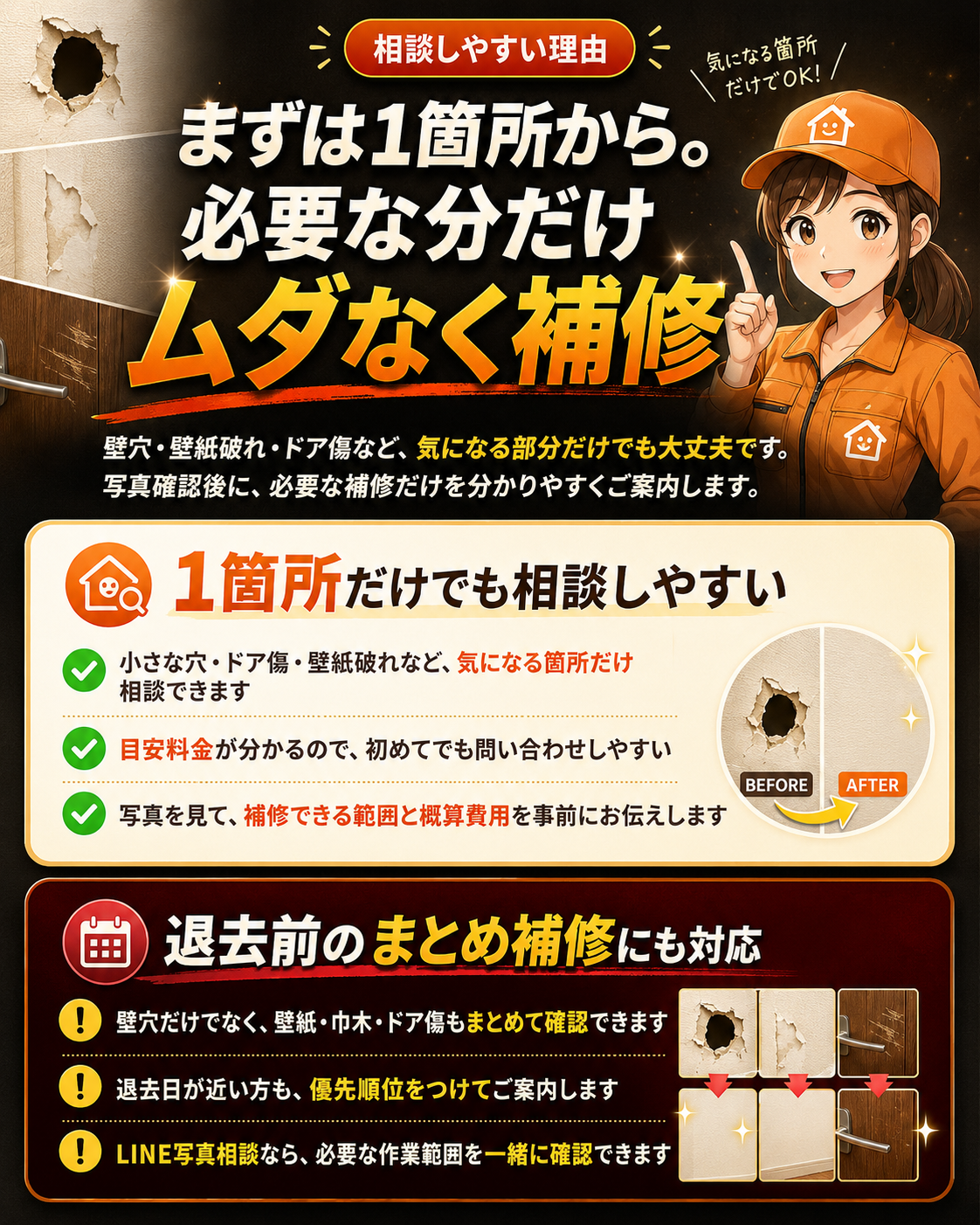 まずは1箇所から。必要な分だけムダなく補修。1箇所だけでも相談しやすく、退去前のまとめ補修にも対応。